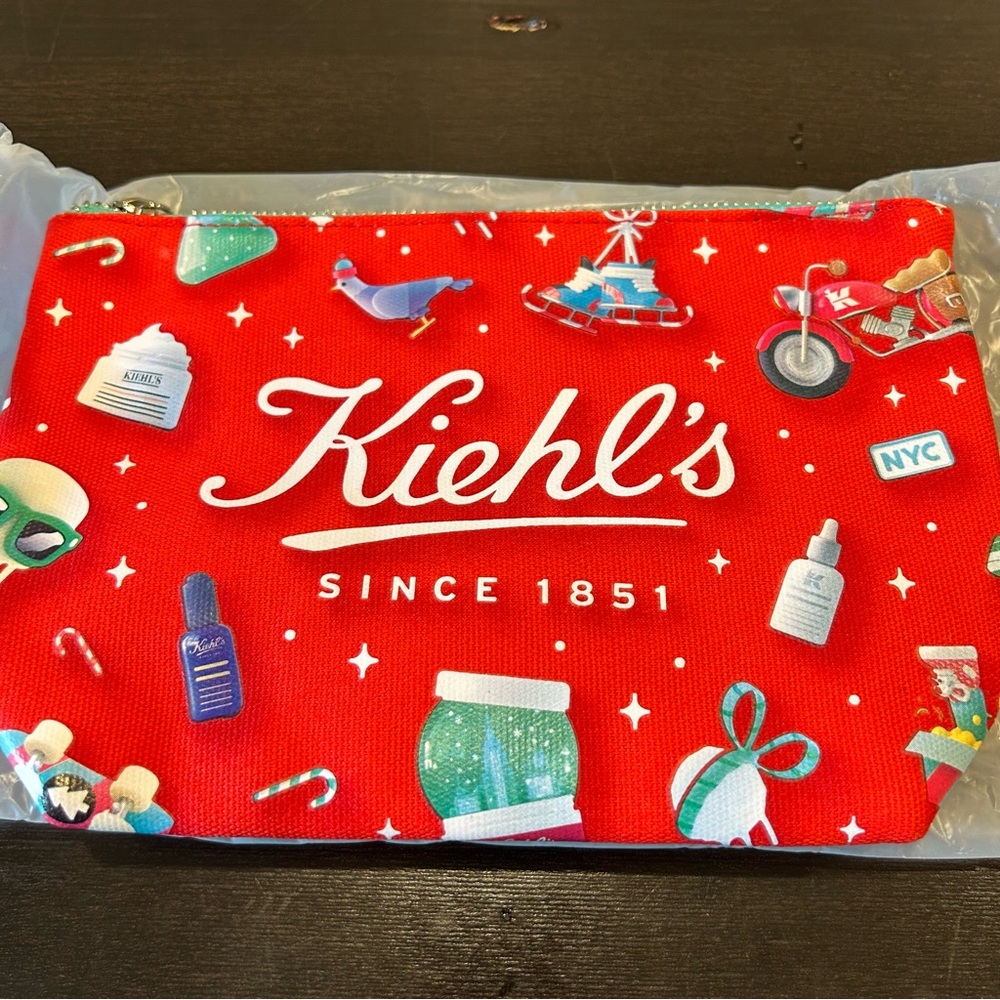 ☀️ 3/$15 Kiehls Christmas Holiday Make-Up Toiletry Cosmetic Bag Red
